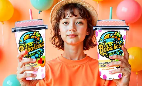 Young woman holding Bobalicious Peach and Passion Fruit Bubble Tea cups with colorful balloons in the background.