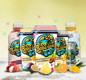 Colorful display of Bobalicious bubble teas and popping bubbles in lychee, mango, passion fruit, and pineapple flavors.