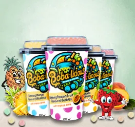 Bobalicious 250ml bubble tea cups featuring popping fruit bubbles in mango, passion fruit, pineapple, and tropical flavours.