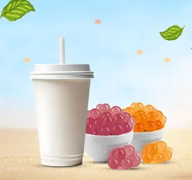 Bubble tea cup with colorful popping boba on a tropical beach background.