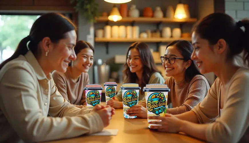 Group of friends enjoying Bobalicious bubble tea together at a cozy cafe.