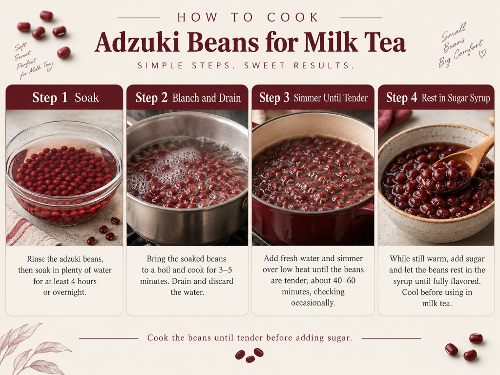 Four-step adzuki bean cooking method for milk tea: soak, blanch and drain, simmer until tender, and rest in sugar syrup