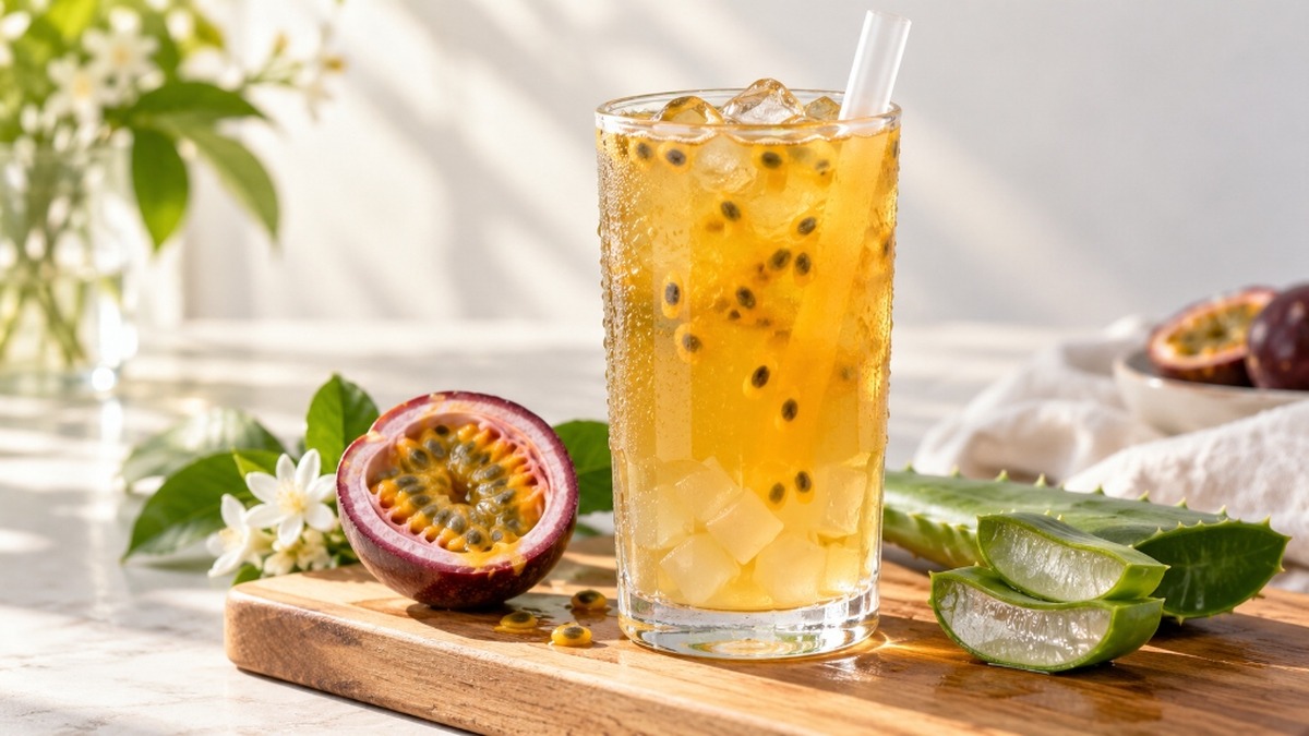 Iced passion fruit green tea with aloe jelly boba and a fresh aloe leaf