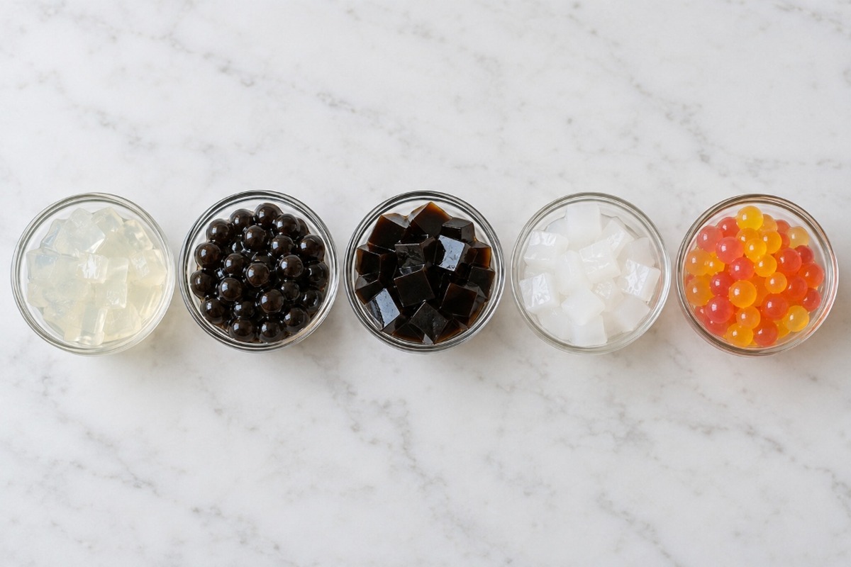 Aloe jelly, tapioca pearls, grass jelly, nata de coco and popping boba