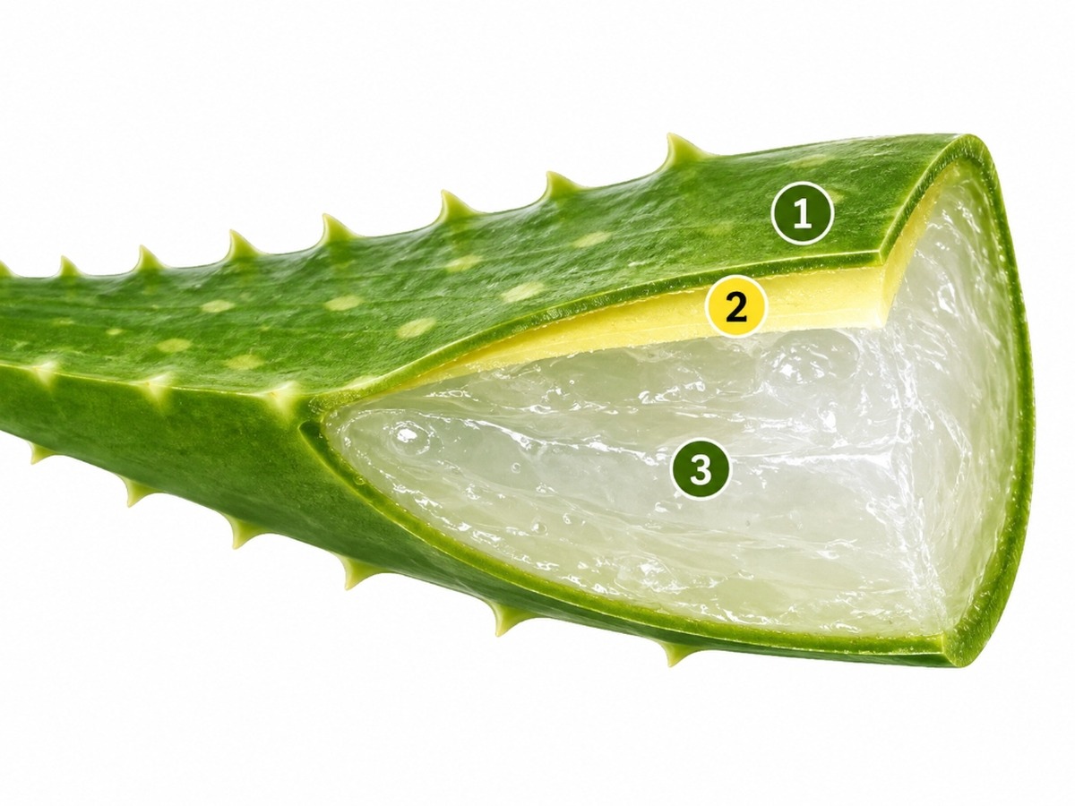 Aloe vera leaf showing outer rind, yellow latex and edible inner leaf tissue