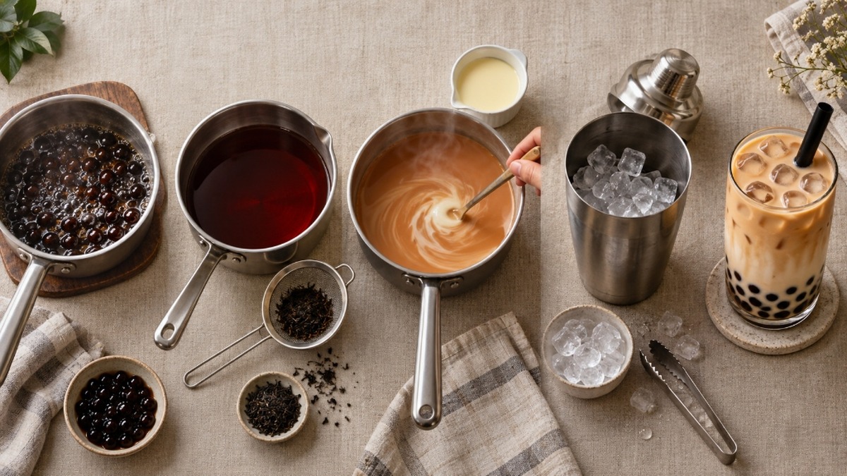 Five-step Assam boba milk tea recipe: boba pearls cooking, tea brewing, condensed milk emulsifying, shaker chilling, and final glass assembly