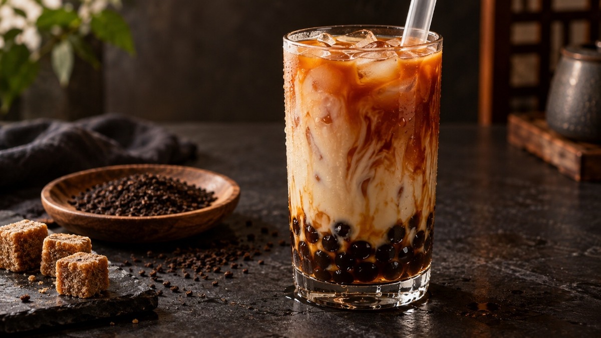 Iced Assam milk tea in a tall clear glass with brown sugar tapioca pearls, whole milk, and CTC tea pellets on a dark slate countertop