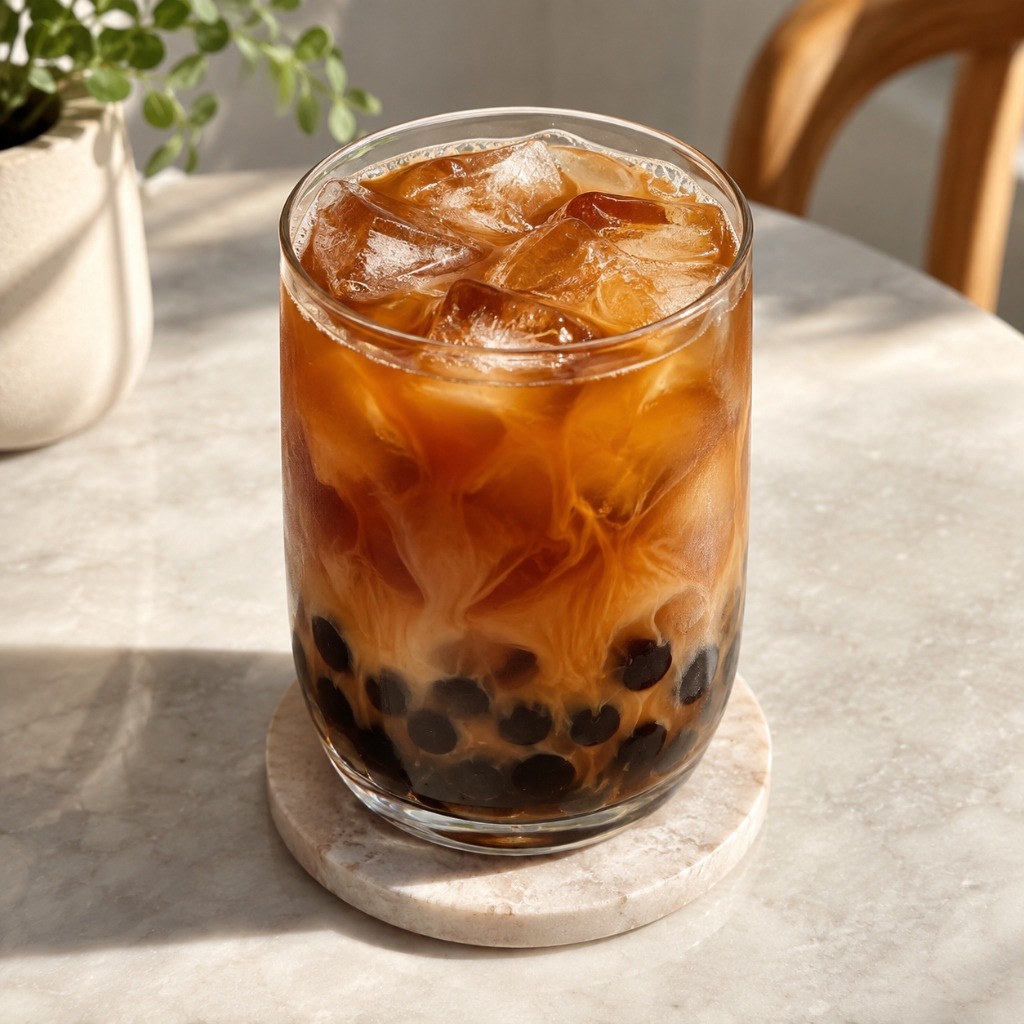 Square view of malty Assam bubble tea with tapioca pearls