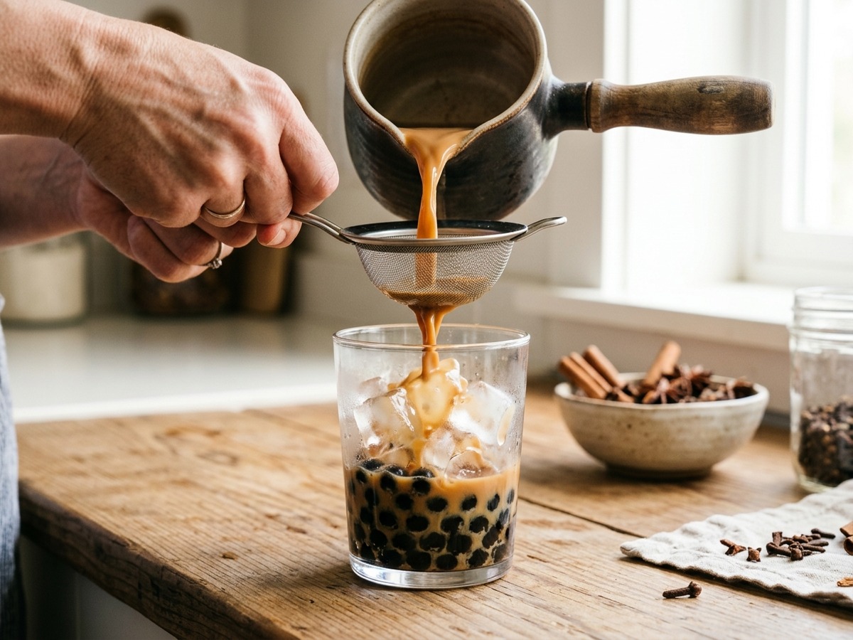 Spiced chai milk tea poured over ice and tapioca pearls