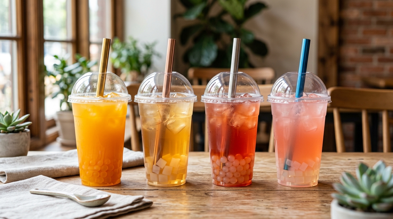 Beginner fruit boba drinks with mango, peach, strawberry, and watermelon