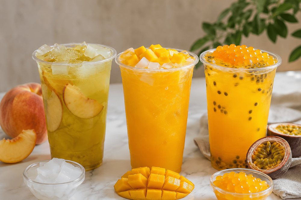 Fruit tea cups with popping boba, aloe vera, and nata jelly toppings.