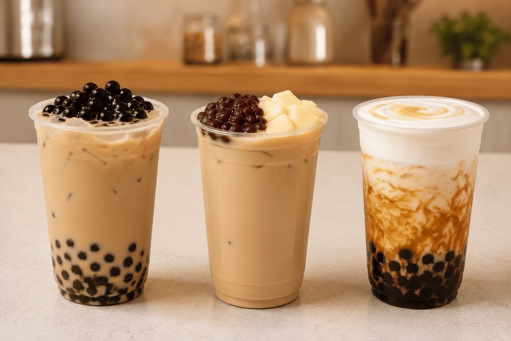 Milk tea cups with tapioca pearls, pudding, red bean, brown sugar pearls, and milk foam.