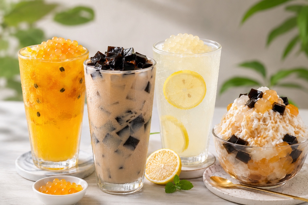 Drinks and desserts with jelly boba and popping boba