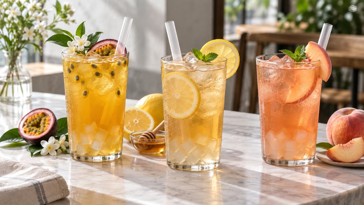 Passion fruit, lemon and peach teas served with aloe jelly boba