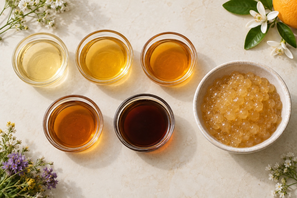 Clover, wildflower, orange blossom, acacia and buckwheat honey samples