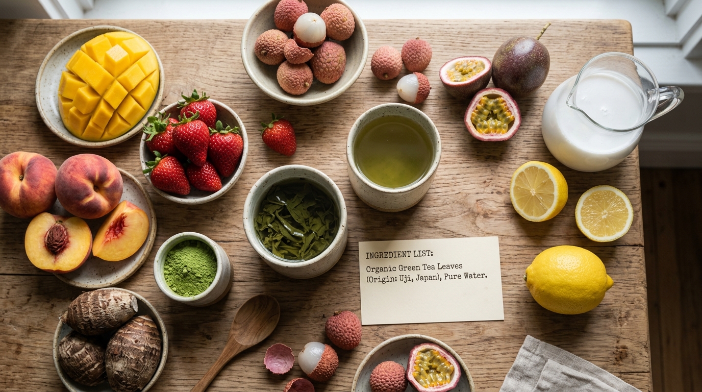 Ingredients for twelve organic bubble tea flavors, including fruit, matcha, tea, coconut, and taro.