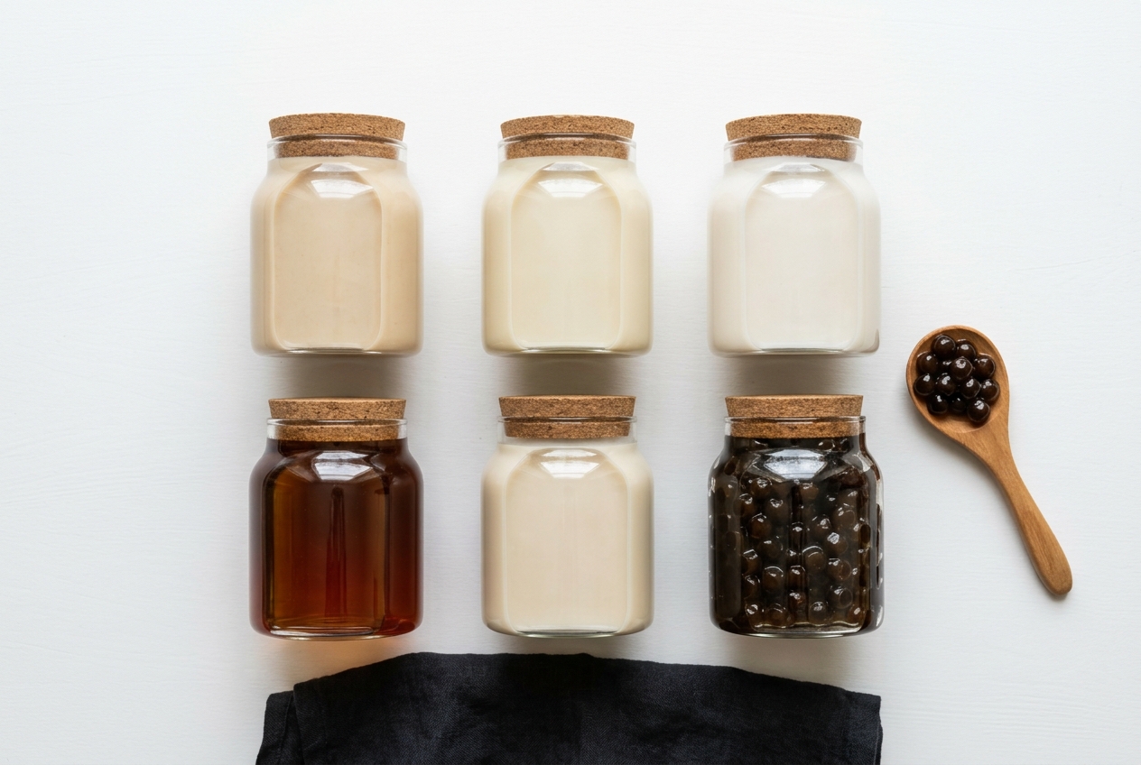 Homemade creamy milk tea made with non-dairy creamer in tall glasses, featuring visible pearls and professional café-style presentation