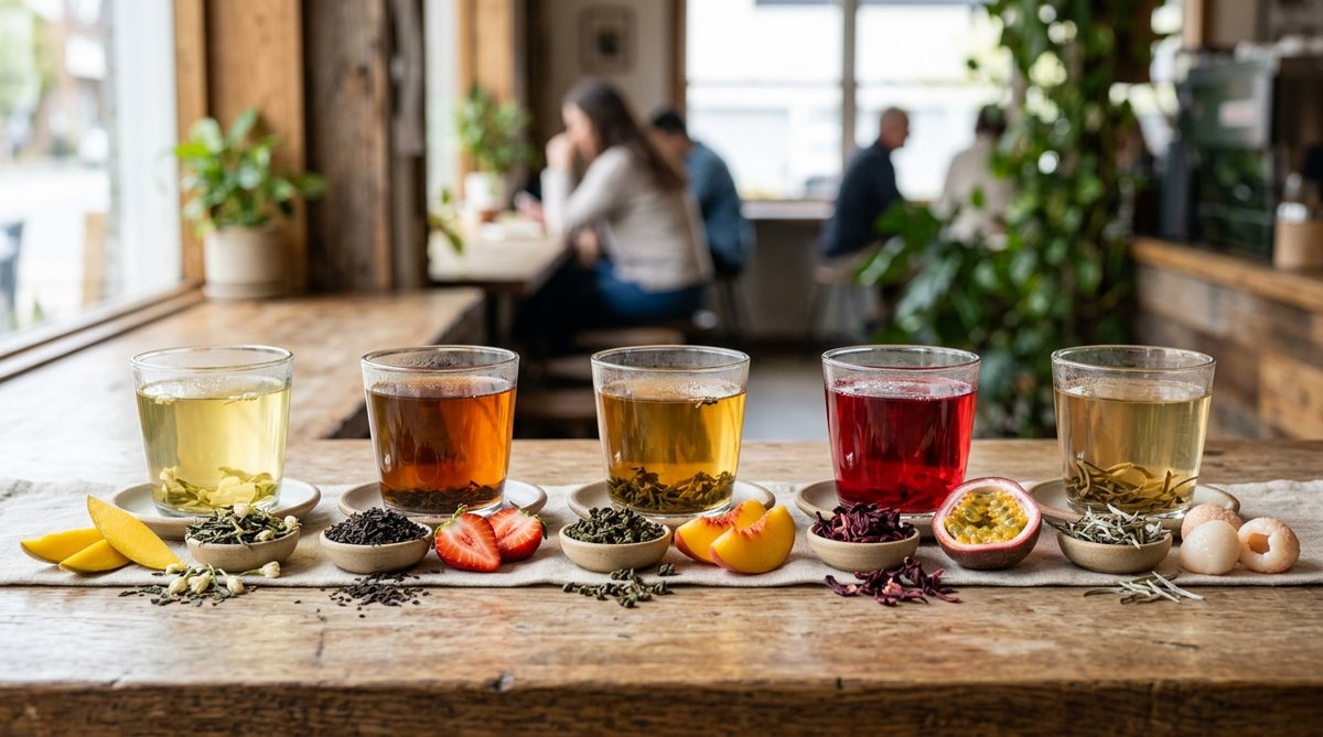 Jasmine green tea, black tea, oolong, hibiscus, and white tea for fruit bubble tea