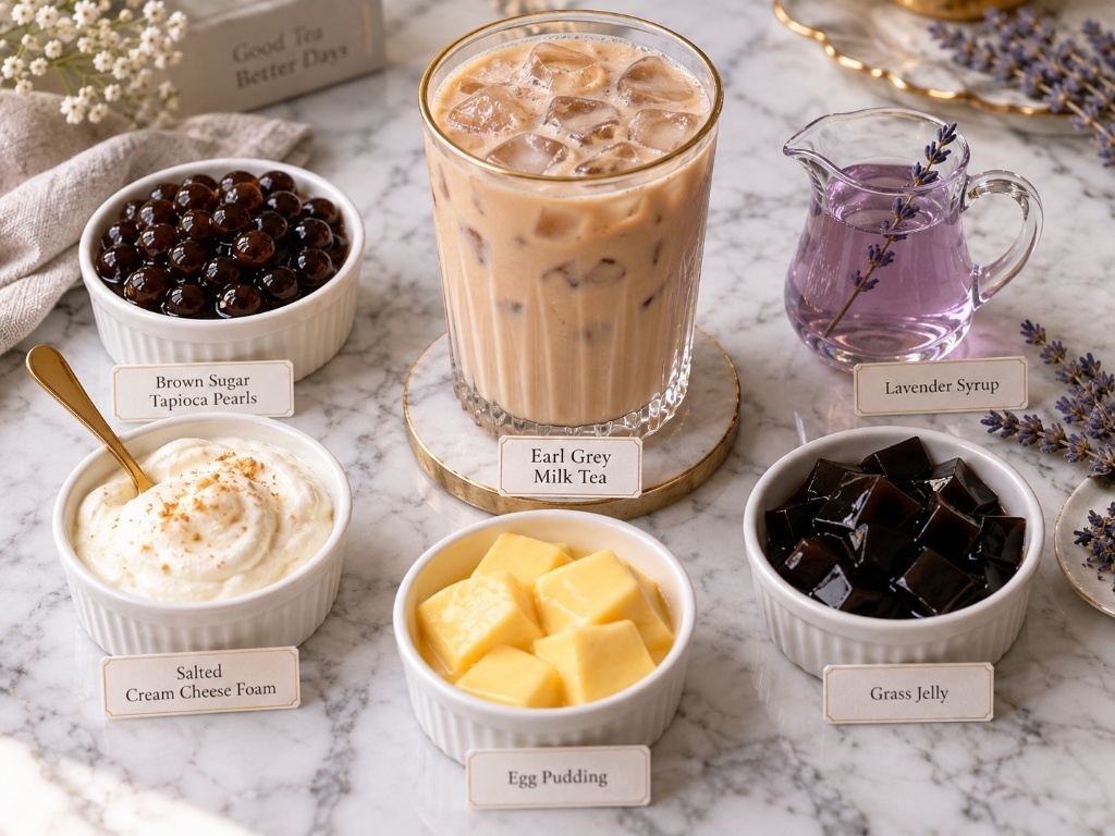 Culinary flatlay showcase of bubble tea toppings for Earl Grey milk tea: brown sugar boba, salted cheese foam, egg pudding, grass jelly, and lavender syrup