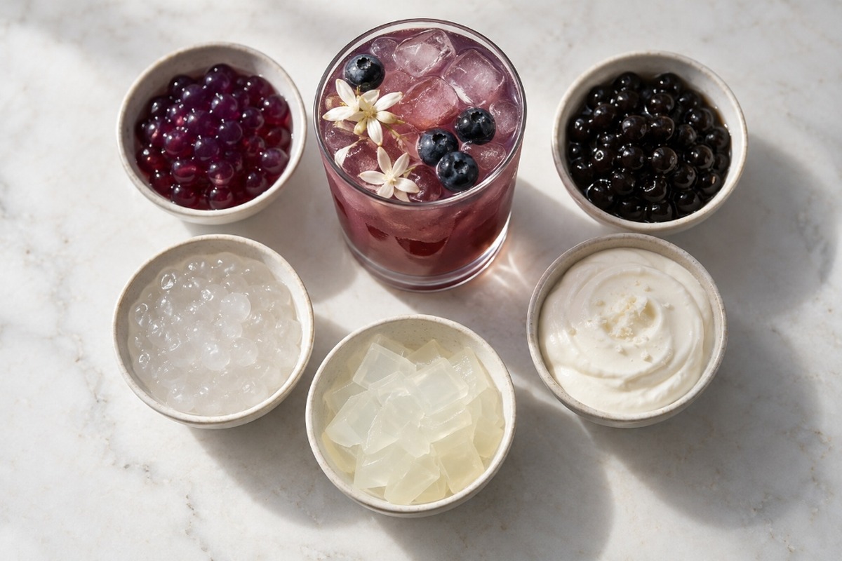 Blueberry popping boba, tapioca, crystal boba, aloe jelly and cheese foam
