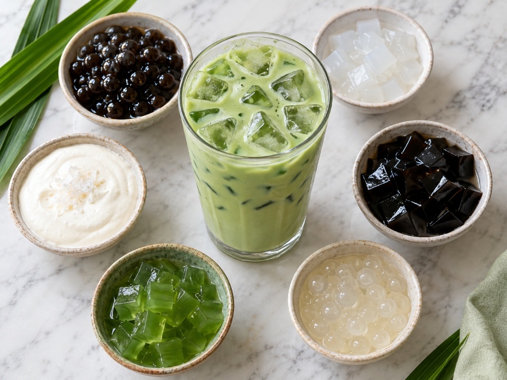 Culinary flatlay showcase of bubble tea toppings for pandan milk tea: brown sugar pearls, coconut jelly, grass jelly, aloe vera, sea salt foam, and crystal boba