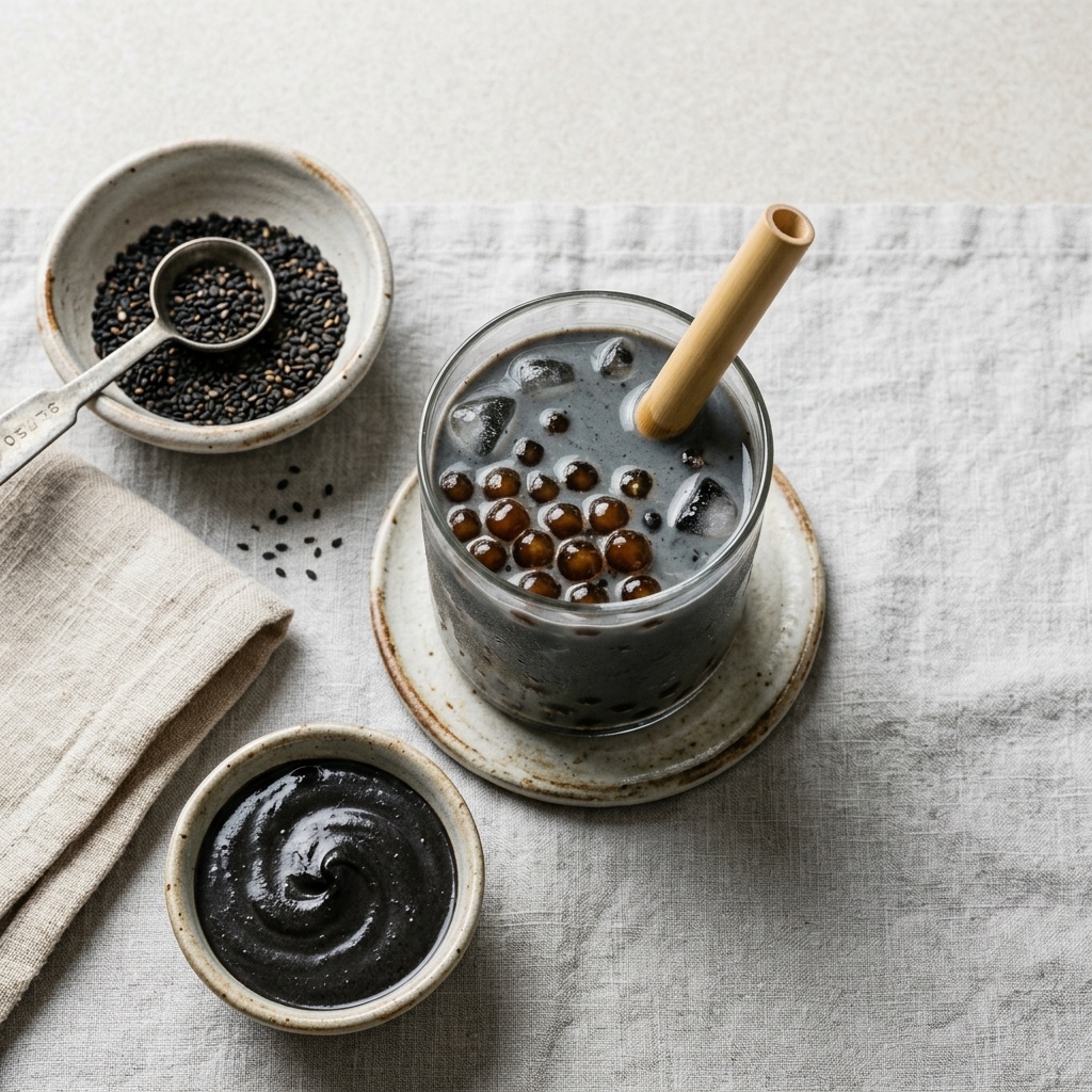 Square homemade black sesame bubble tea with brown sugar pearls thumbnail