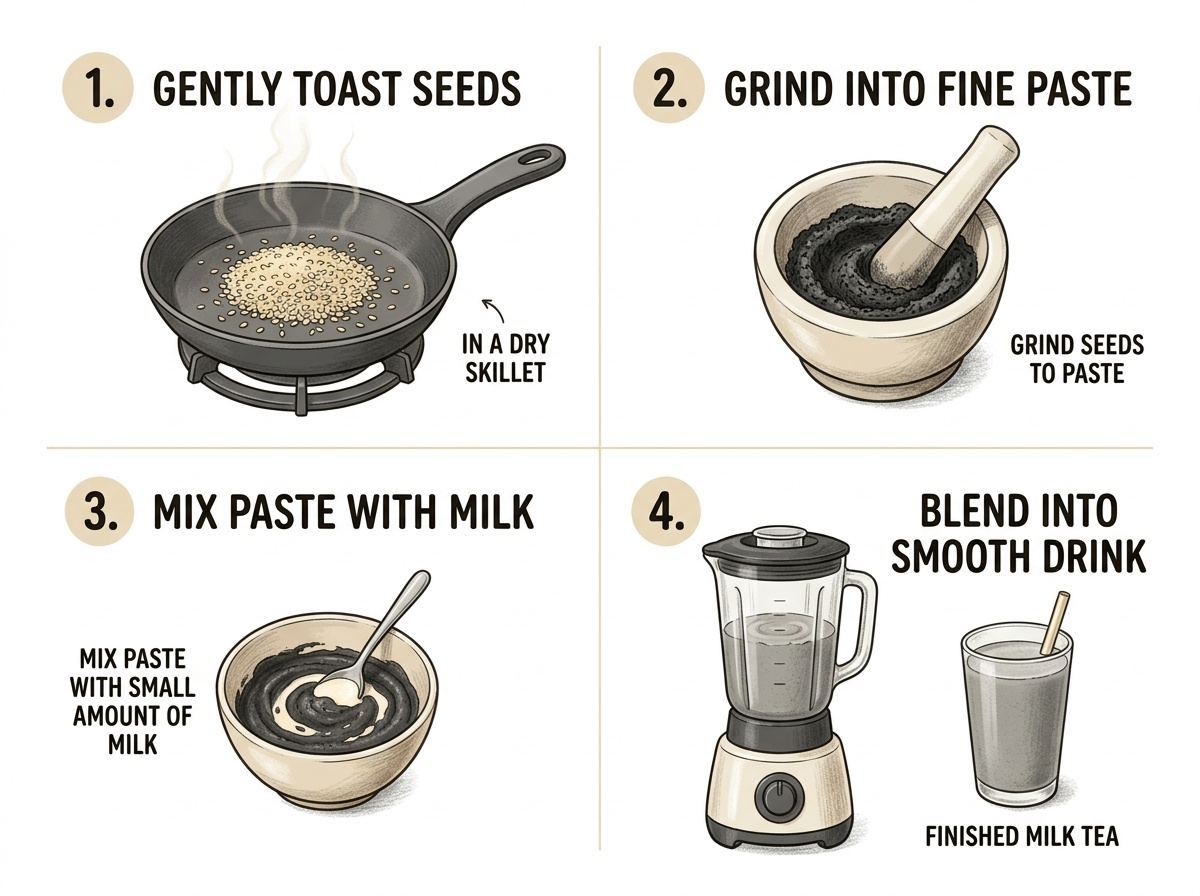 Educational infographic showing four steps for making black sesame milk tea: toasting seeds, grinding paste, mixing with milk, and blending smooth