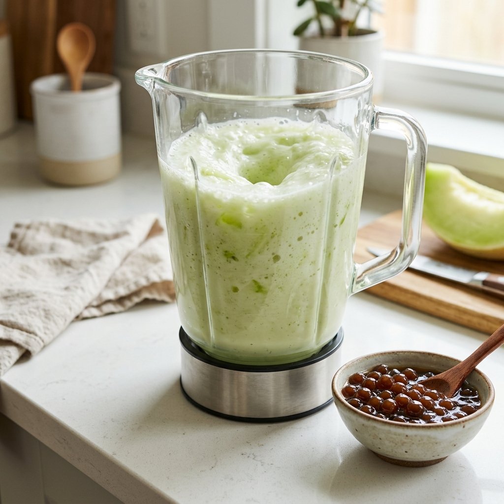 Blending fresh honeydew melon with milk for honeydew milk tea