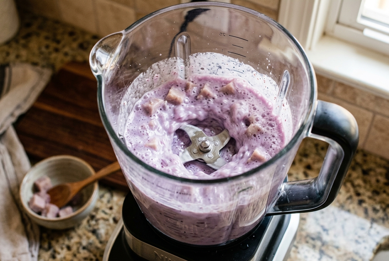 Cooked taro and milk blending into a taro shake