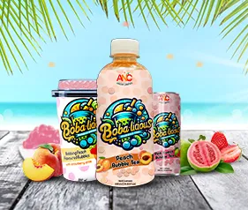 Bobalicious peach bubble tea drinks in cup, can, and bottle packaging displayed with tropical fruits by the beach.