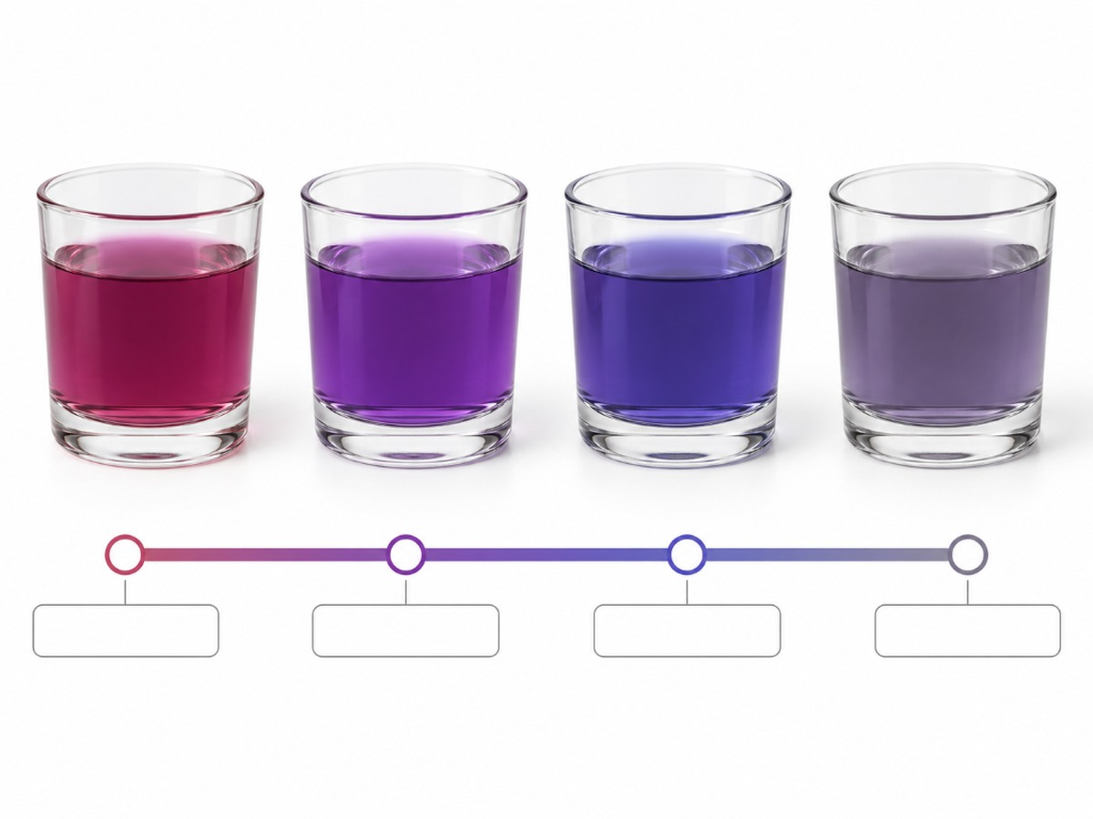 Blueberry drink colors changing from magenta to purple and grey as pH changes