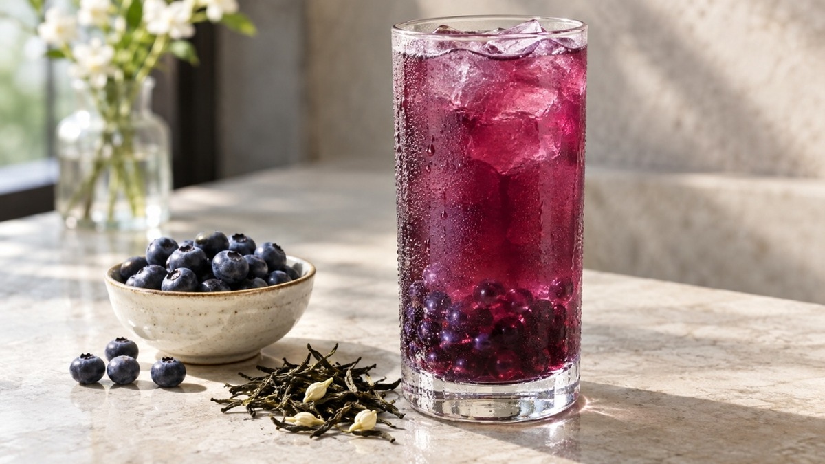 Iced blueberry boba fruit tea with blueberry popping boba and fresh berries