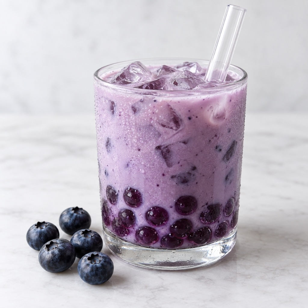 Square view of blueberry bubble tea with popping boba