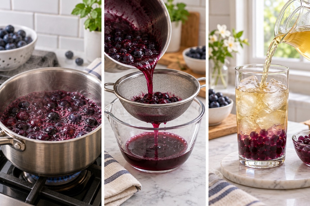 Blueberries cooking, syrup straining and tea poured over popping boba