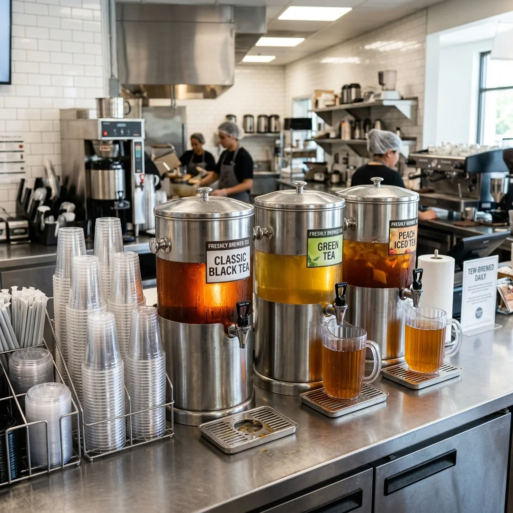Commercial kitchen counter with large stainless steel tea dispensers and batch brewed tea