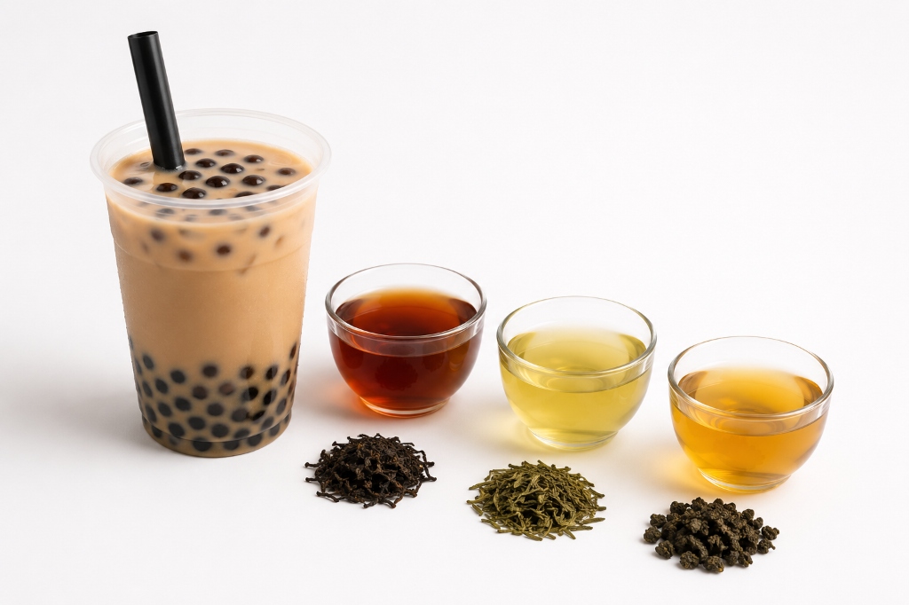 Different freshly brewed loose-leaf tea bases for bubble tea.