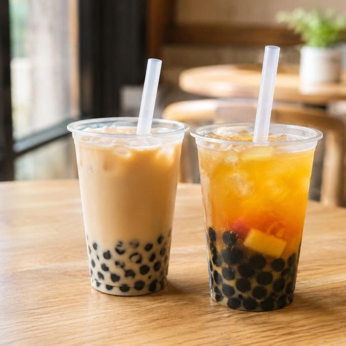 Bubble tea drinks used to compare boba calories by tea base, milk, sugar, and toppings.