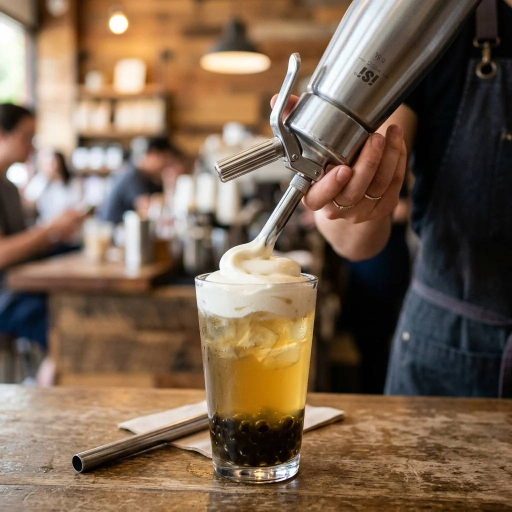 Cream cheese foam being dispensed from a whipped cream dispenser onto bubble tea