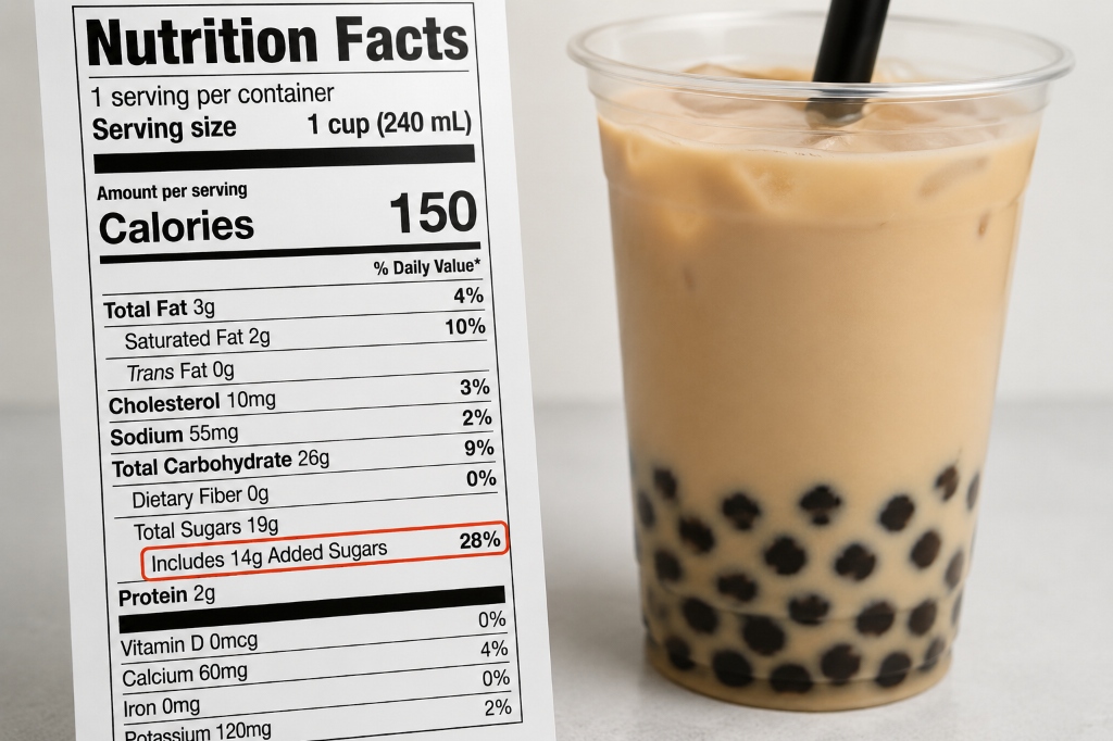 Nutrition Facts label for bubble tea checking added sugars and percent daily value.