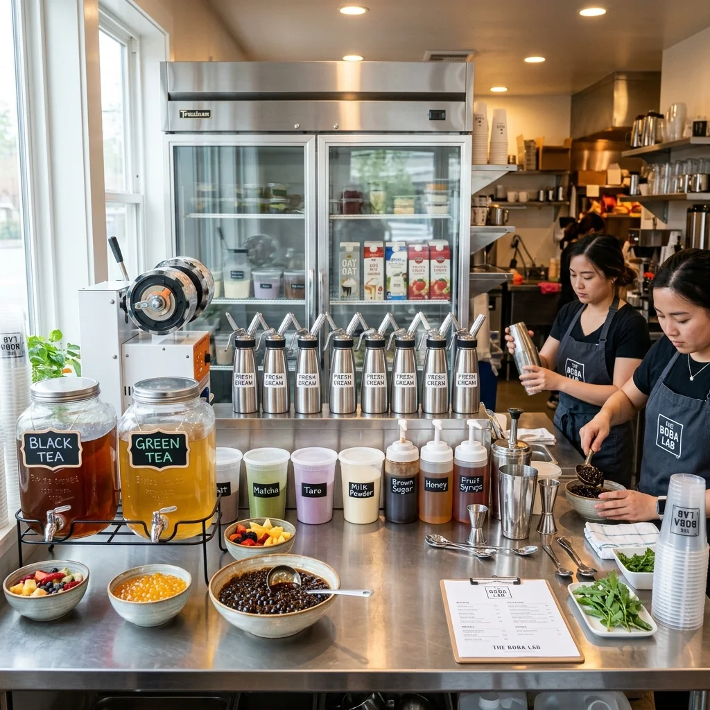 Organized bubble tea prep and assembly station with batch brewed teas