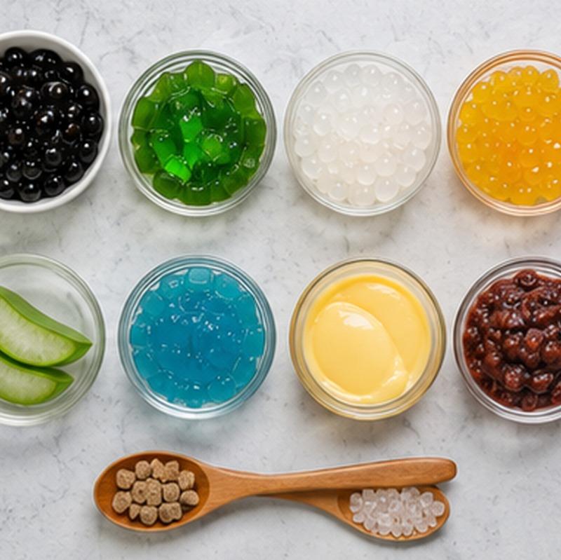 Boba toppings calorie comparison showing tapioca pearls, popping boba, and crystal boba.