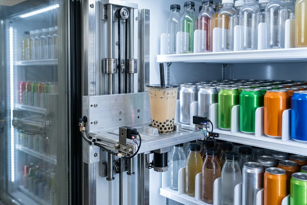 Motorised vending elevator collecting a sealed bubble tea cup