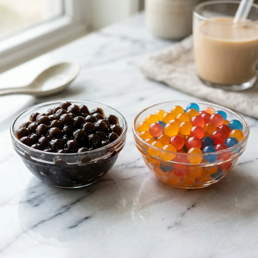 Comparison table and visual review of popping boba and tapioca