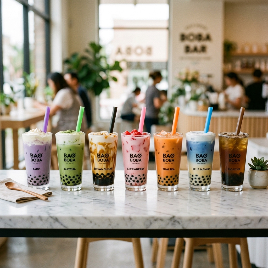Variety of bubble tea cups and flavors