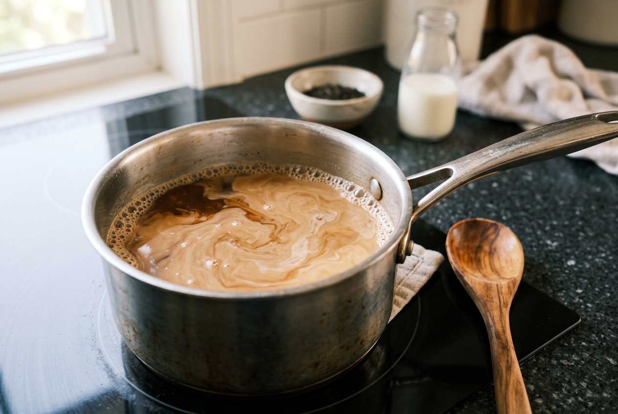 Roasted oolong tea brewing in hot water for milk tea
