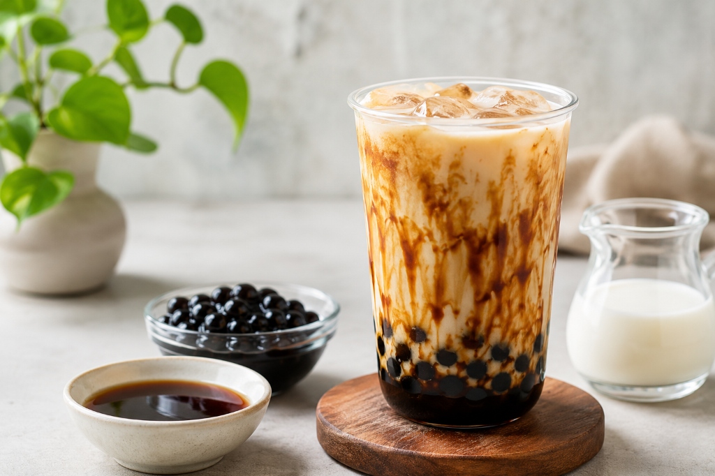 Brown sugar tiger milk tea with dark molasses syrup stripes and tapioca pearls.