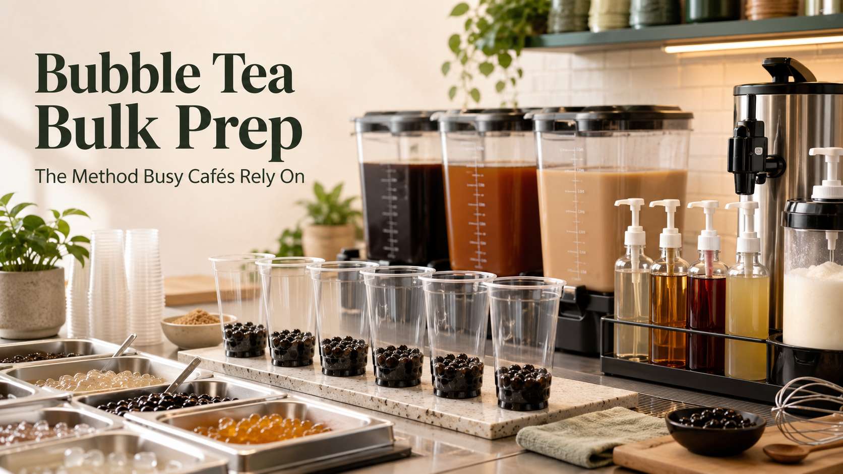 Bubble tea bulk prep station with tea containers, syrups and boba cups