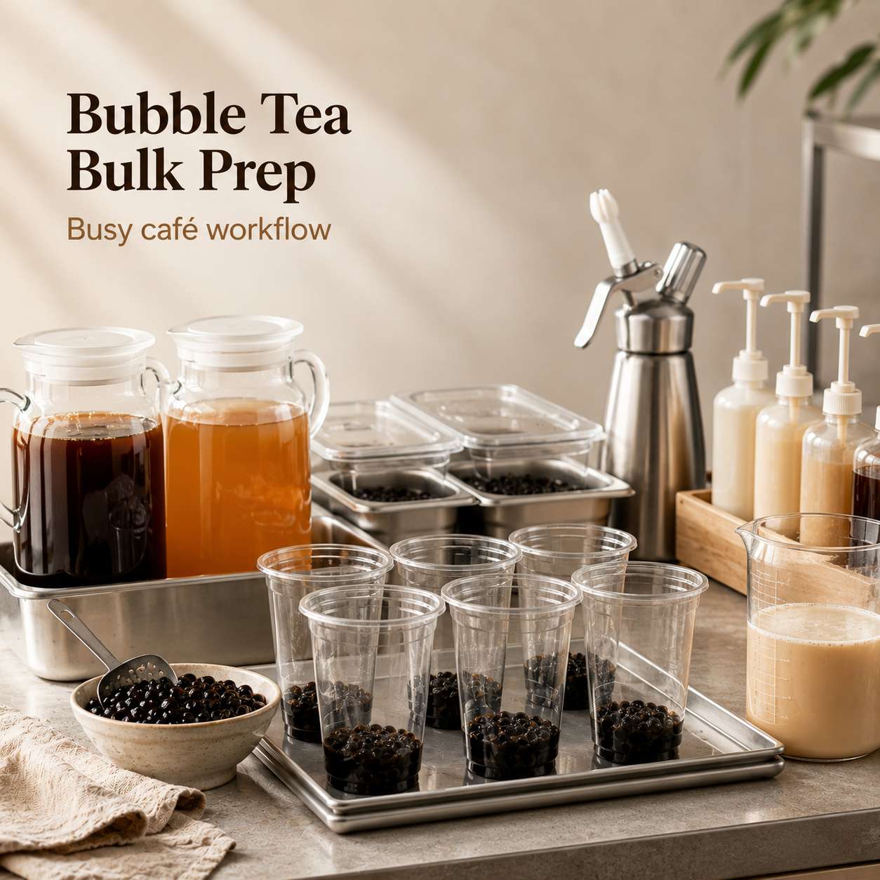 Square bubble tea bulk prep image with cups and cream dispenser