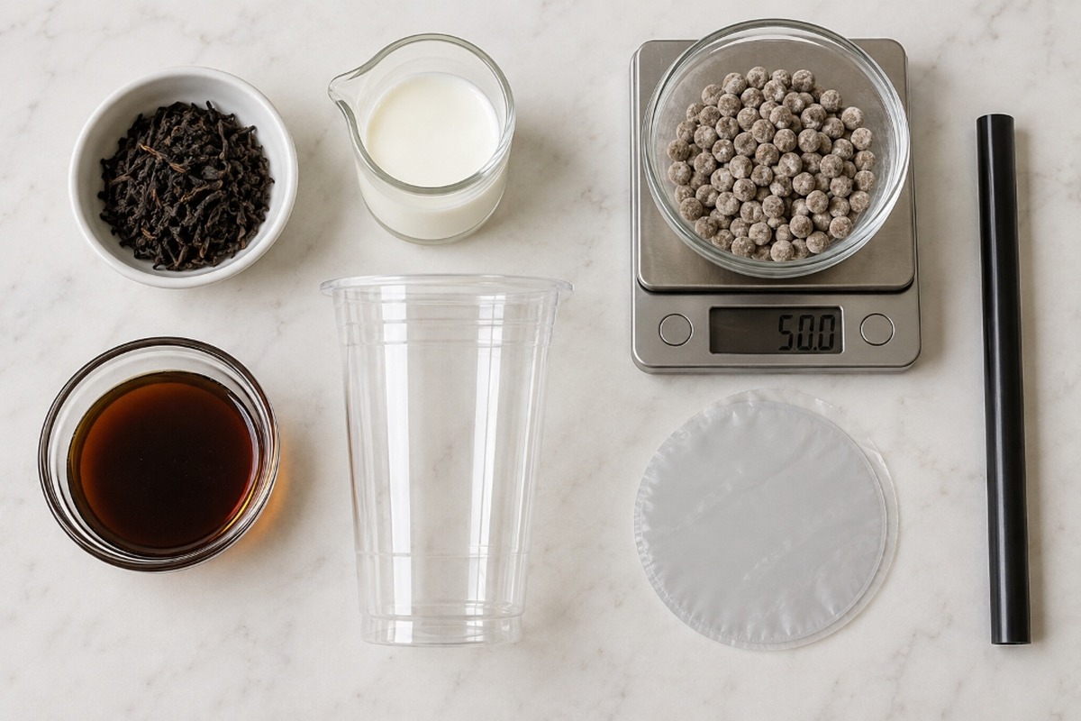 Tea, milk, tapioca, syrup, cup and straw used for one bubble tea