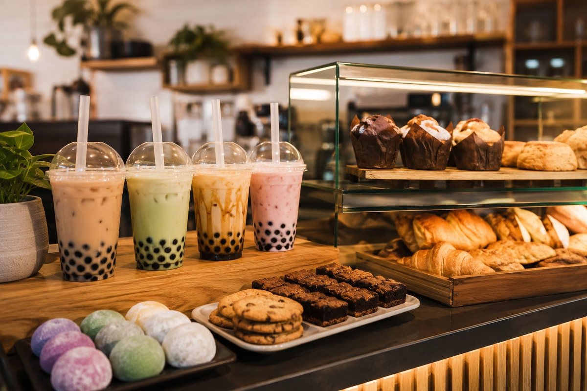 Cafe counter display of bubble tea and pastries for menu pairing.